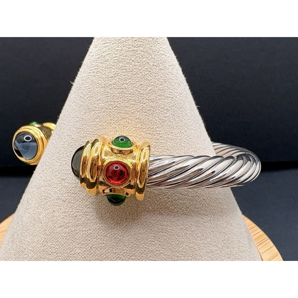 Vintage Monet Cuff Bracelet Gold & Silver Tone Multi Glass Cabs Modernist 6.25" - Picture 4 of 7